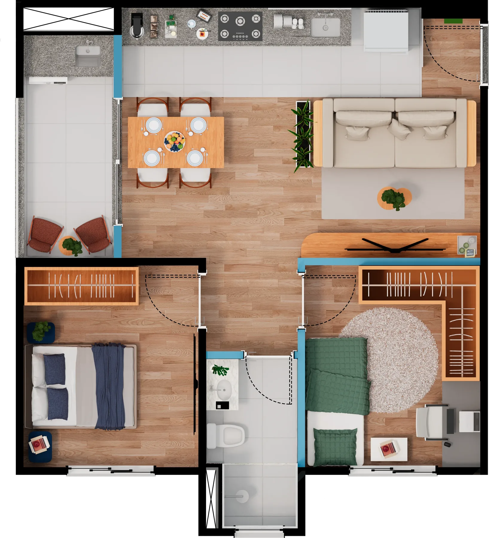 Planta do apartamento de 2 dormitórios, 55,12 m², Torre A, final 01