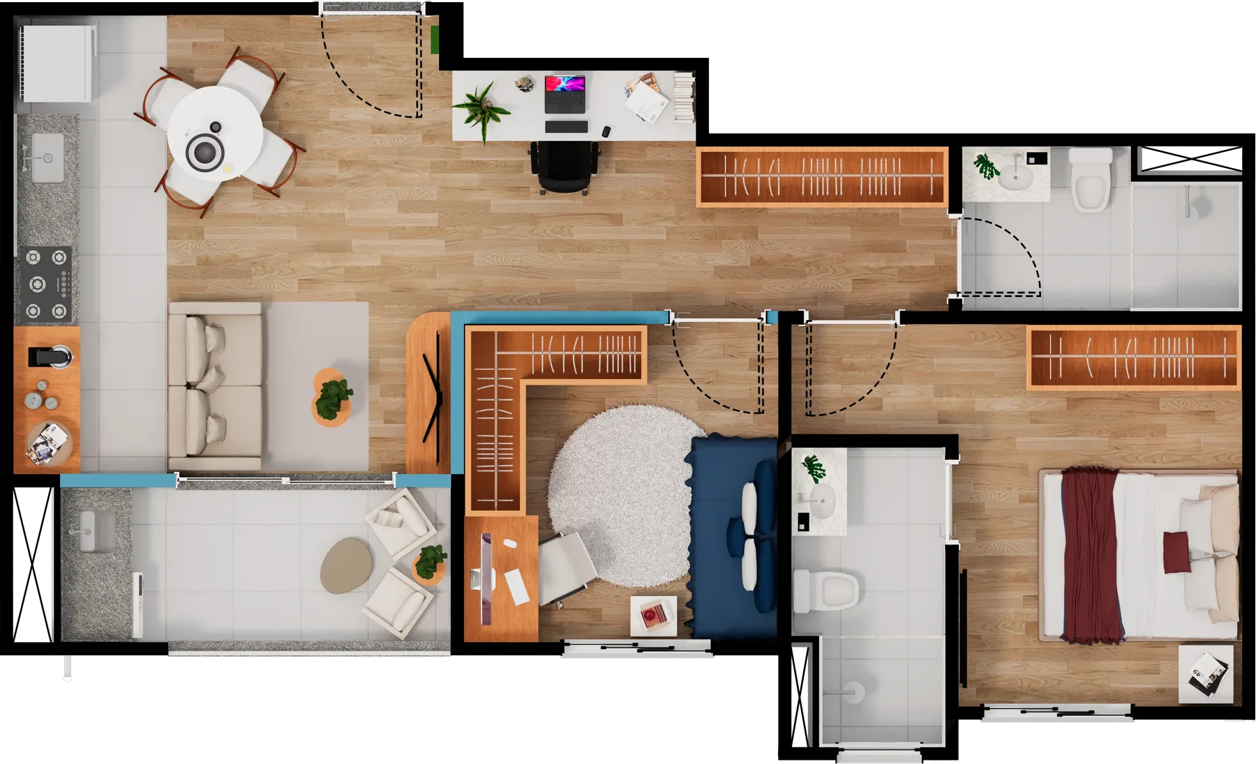 Planta do apartamento de 2 dormitórios, 63,05 m², Torre A, final 08