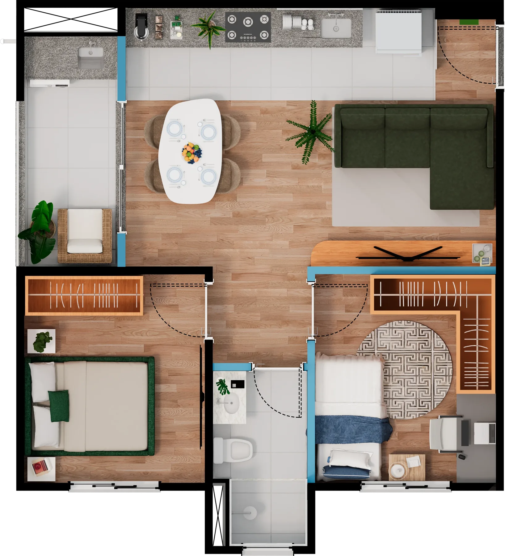 Planta do apartamento de 2 dormitórios, 55,12 m², Torre B/C/D, final 01