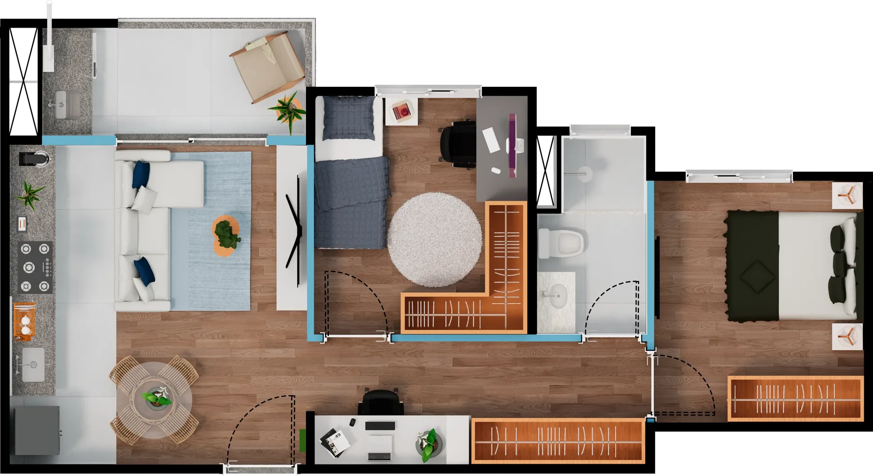 Planta do apartamento de 2 dormitórios, 56,11 m², Torre B/C/D, final 03