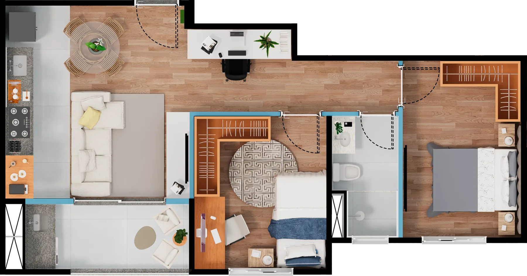 Planta do apartamento de 2 dormitórios, 57,22 m², Torre B/C/D, final 08