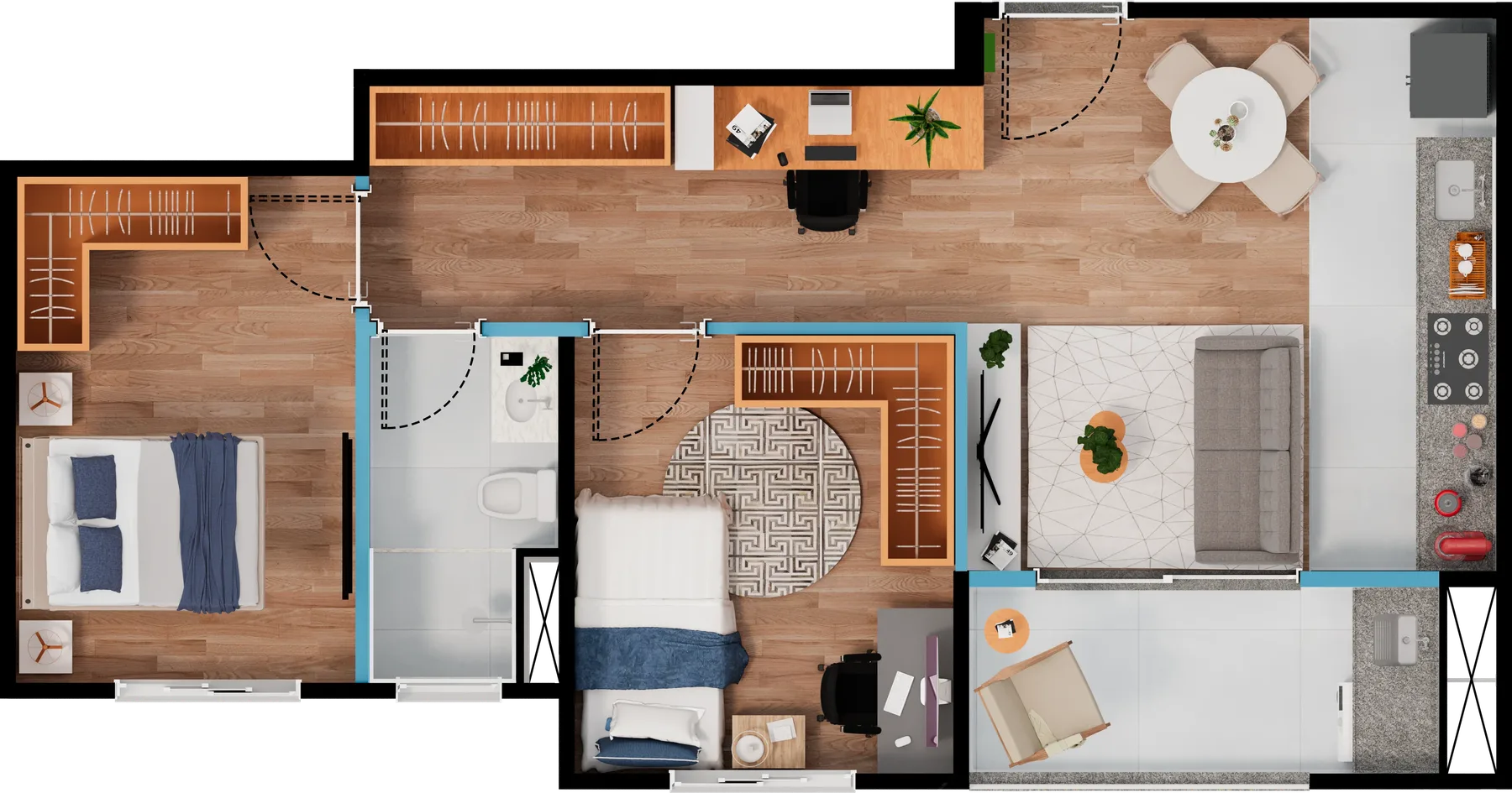 Planta do apartamento de 2 dormitórios, 58,96 m², Torre B/C/D, final 07