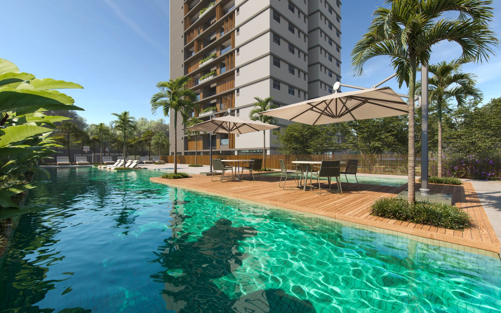 Complexo de piscinas aquecidas do Auten Jundiaí com deck de madeira e paisagismo