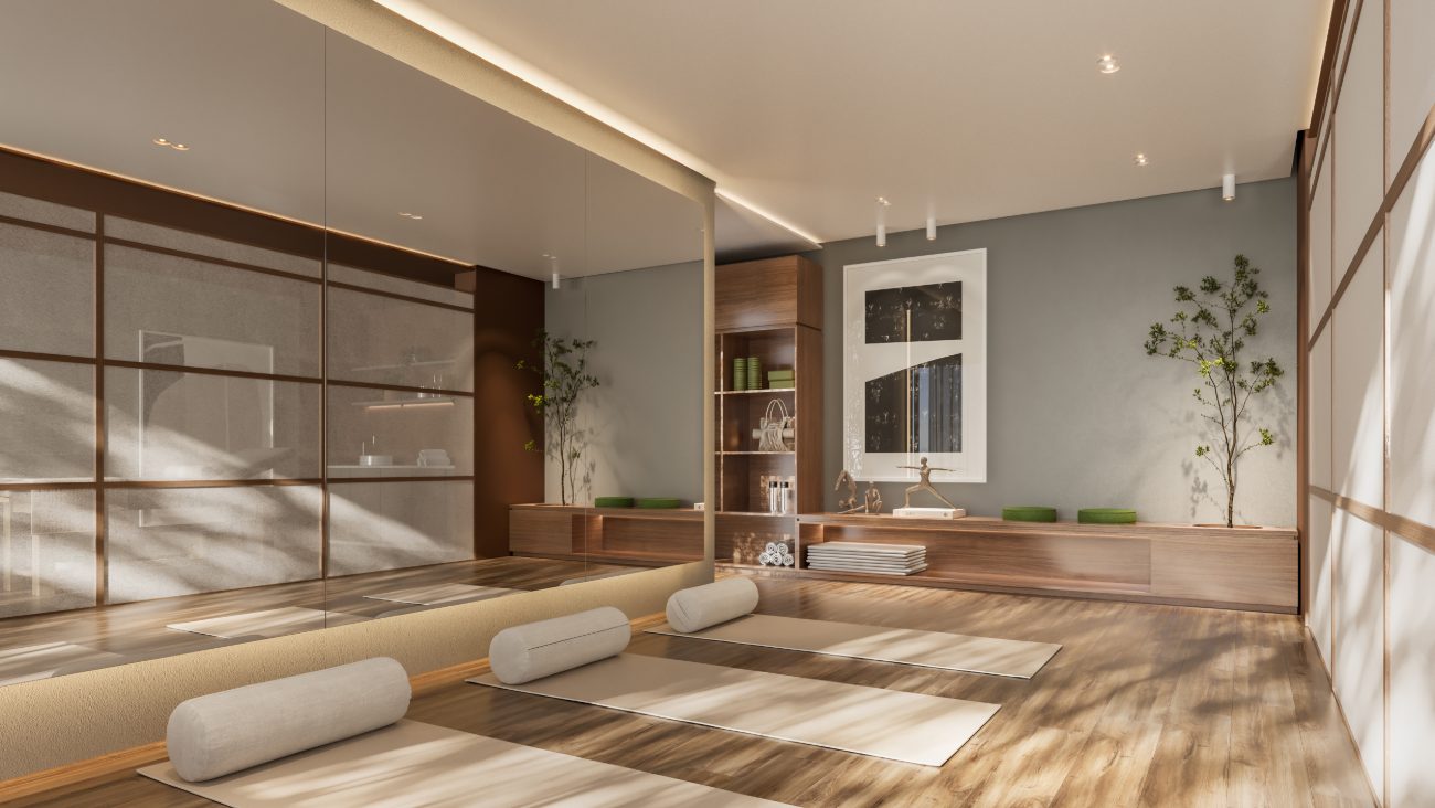 Espaço wellness com sala de yoga
