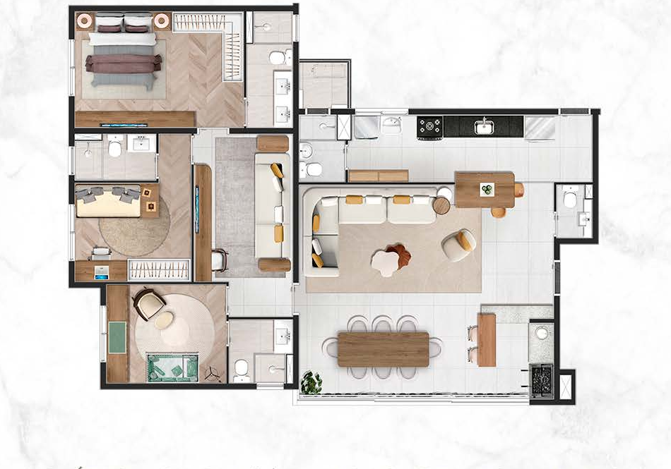 Planta do apartamento de 137,39 m² com 3 suítes