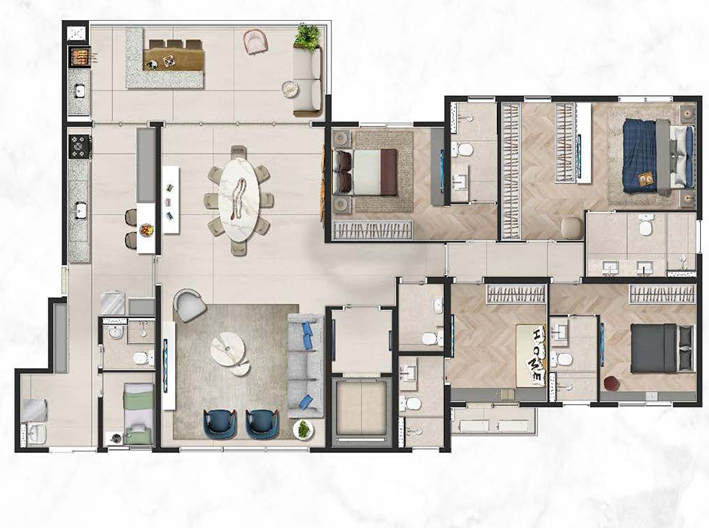 Planta do apartamento de 211,91 m² com 4 suítes