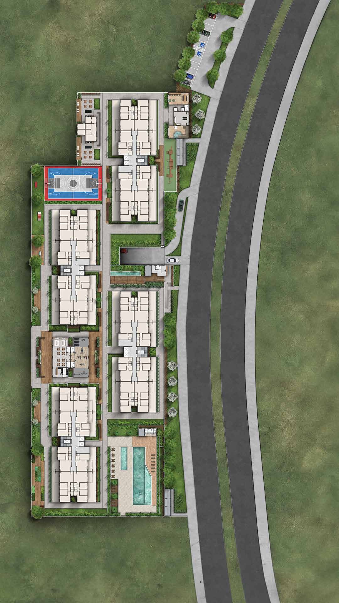 Ilustração artística da implantação do Best View Residence: 4 torres, lazer central e acesso pela Av. Dermival Bernardes Siqueira