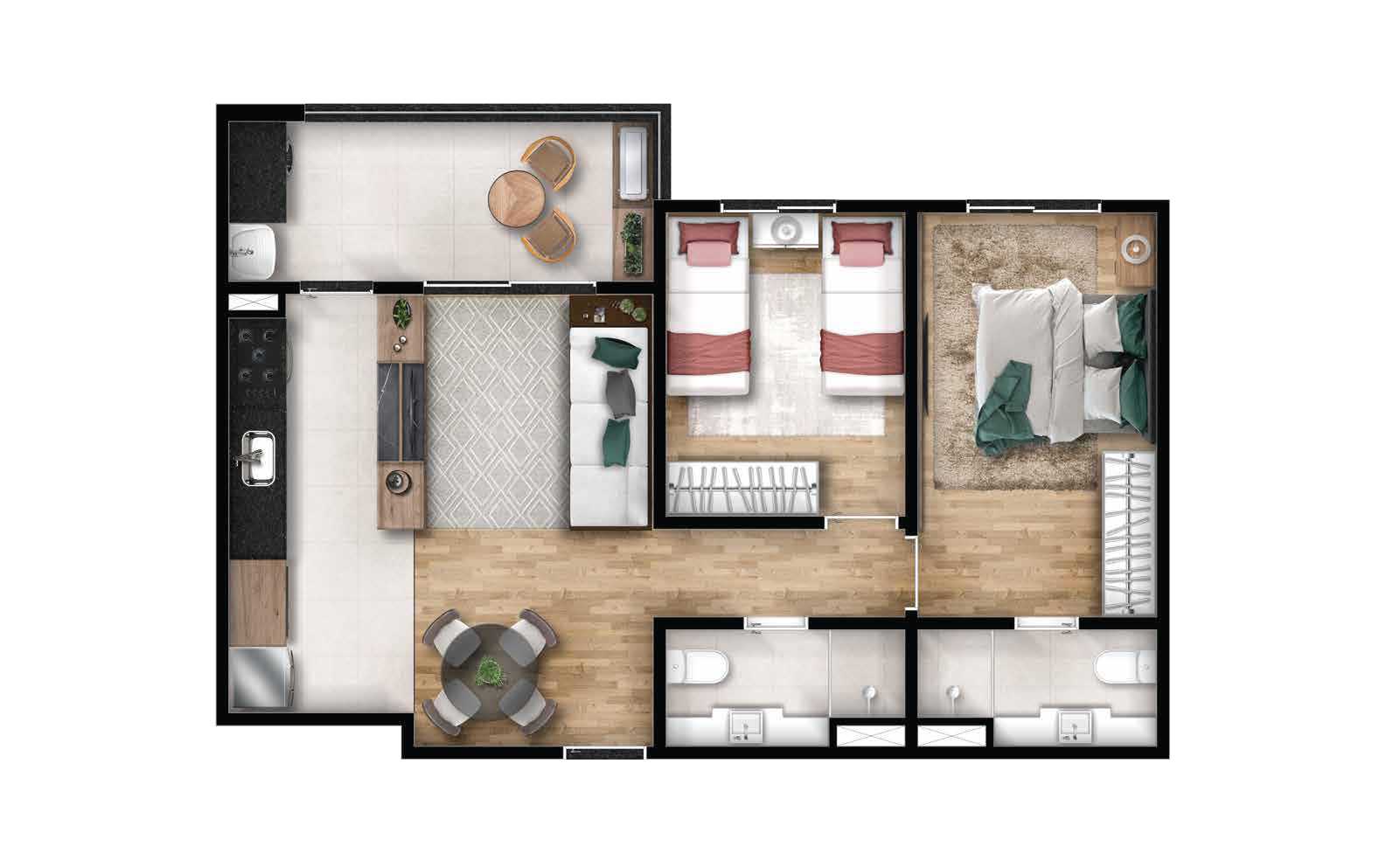 Planta do apartamento de 62,25 m² com 2 dormitórios, suíte, varanda, sala de estar e jantar e cozinha