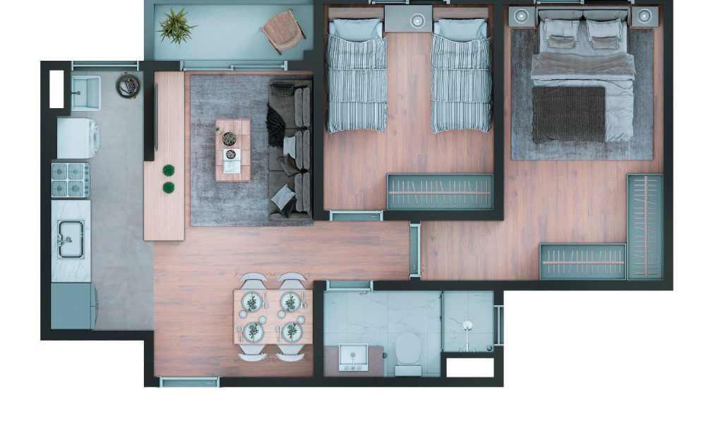 Planta 49m², 2 Dormitórios, Brisas do Japi