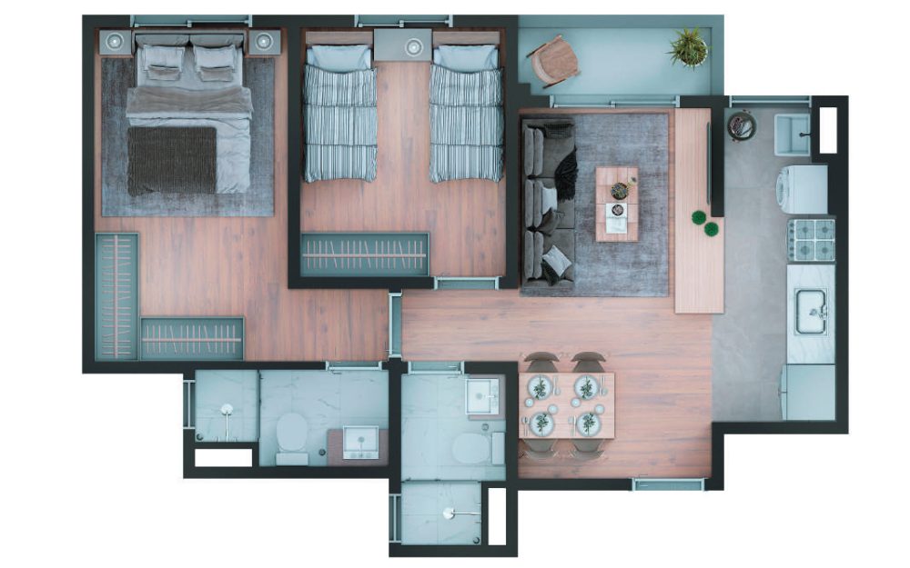 Planta 52m², 2 Dorms · 1 Suíte, Brisas do Japi