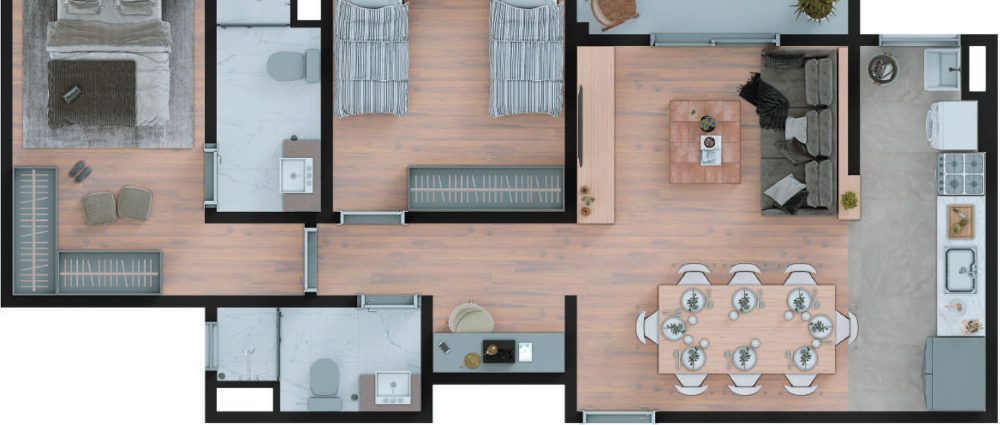 Planta 66m², 2 Dorms · 1 Suíte, Brisas do Japi