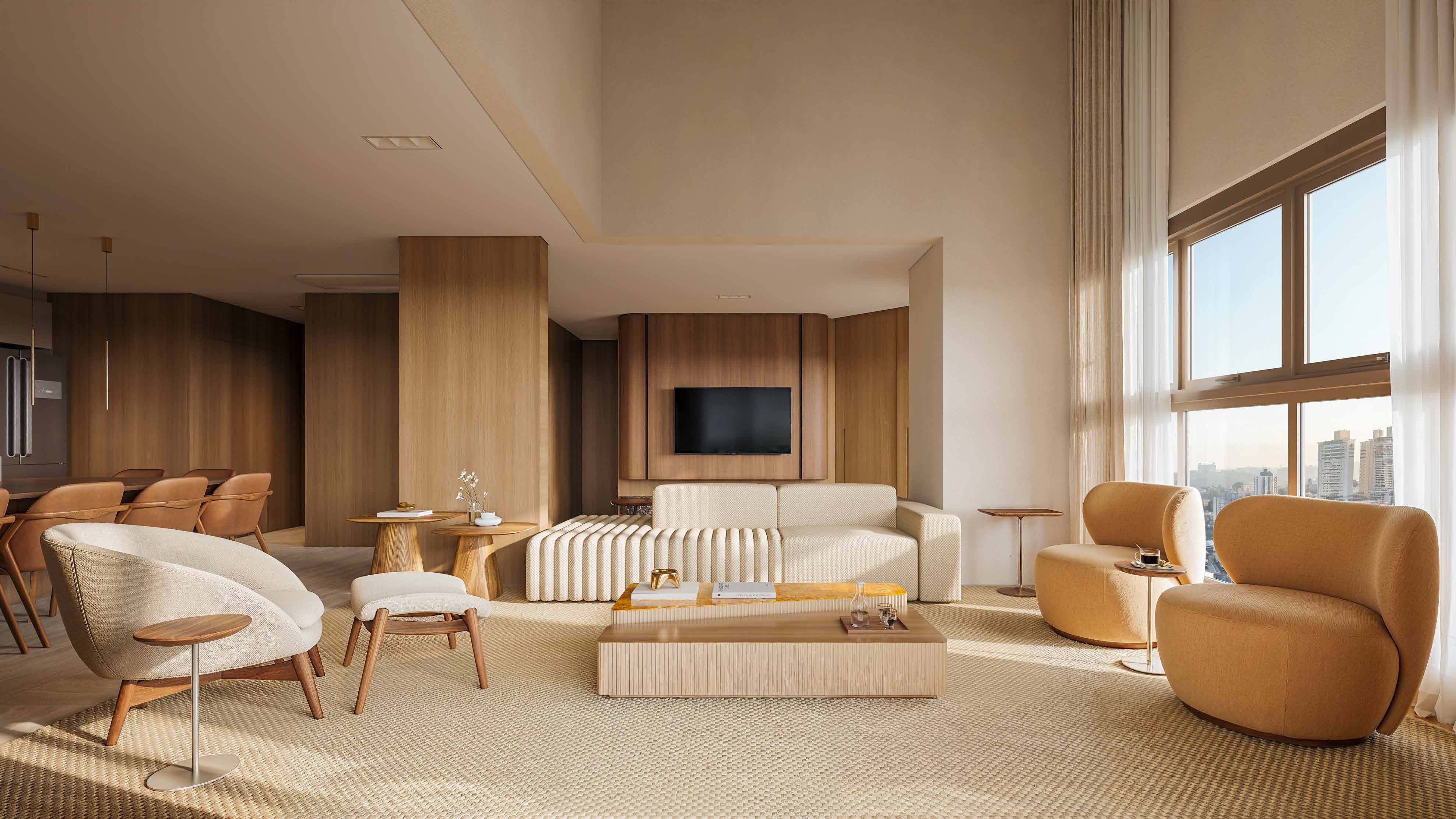 Living com pé-direito duplo de 5,60 m, perspectiva artística preliminar
