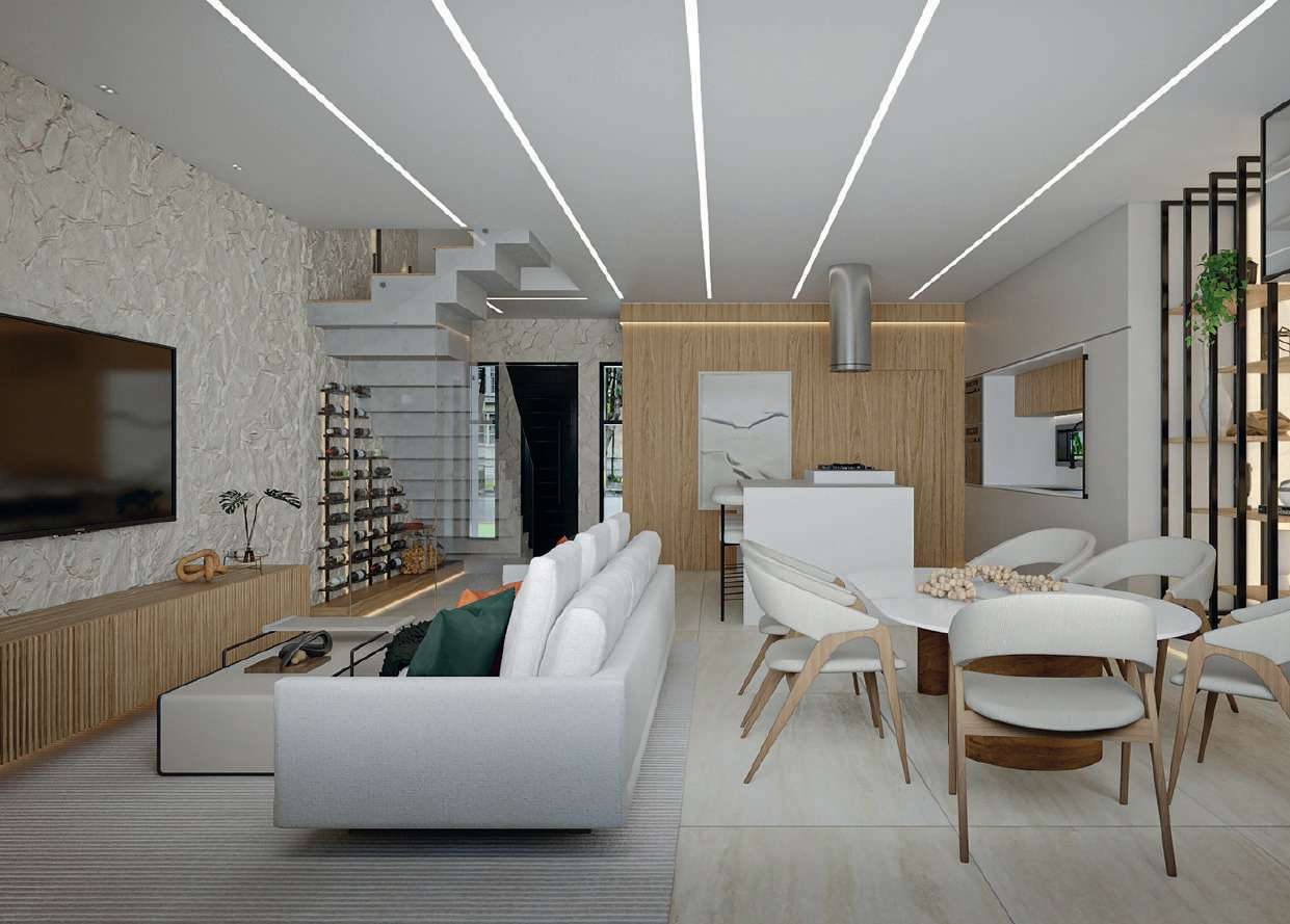 Sala de estar e jantar integradas do Forest Houses, com sofá branco e iluminação linear