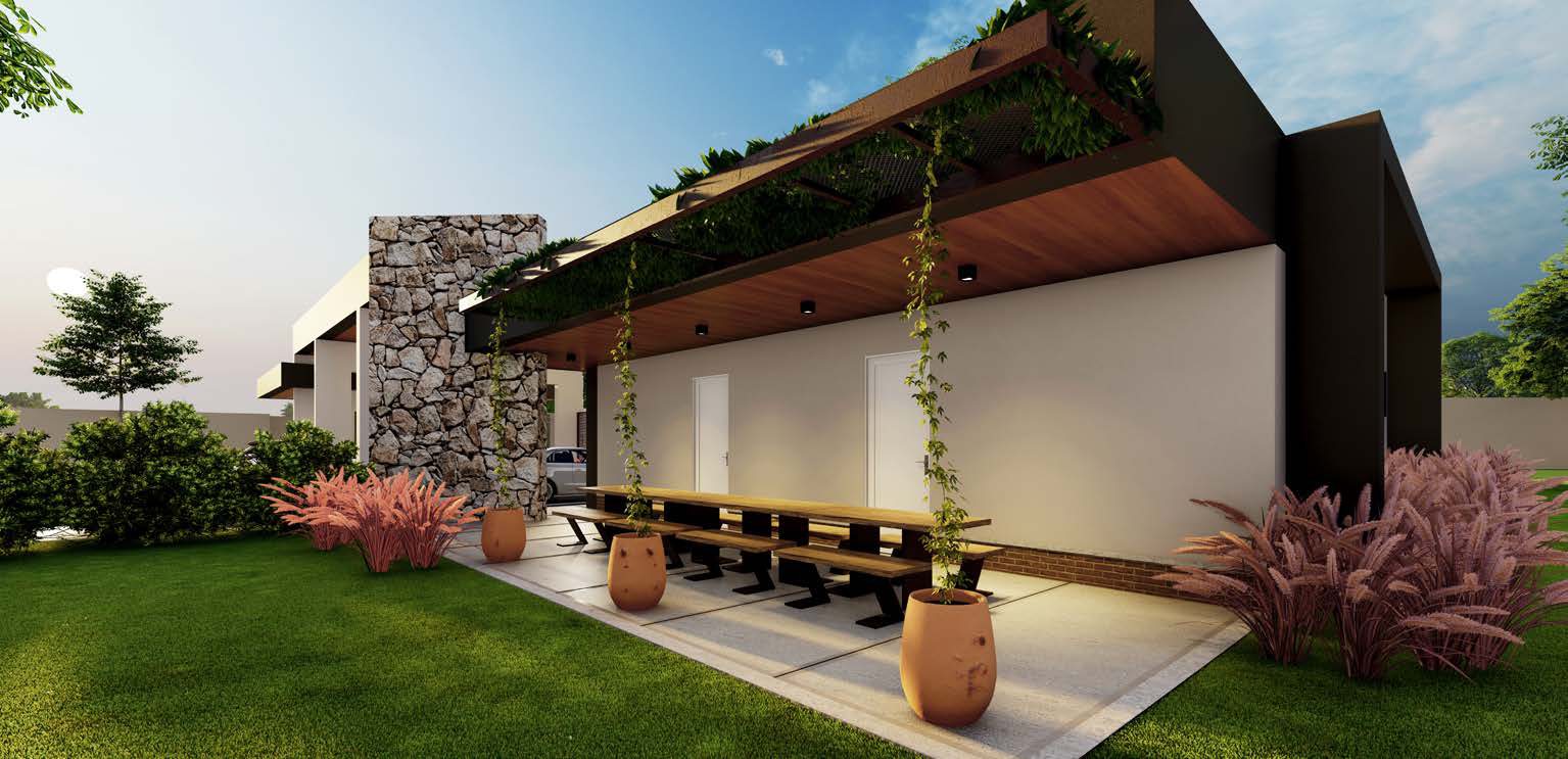 Arquitetura com madeira, tijolos e pedras, integrada à natureza