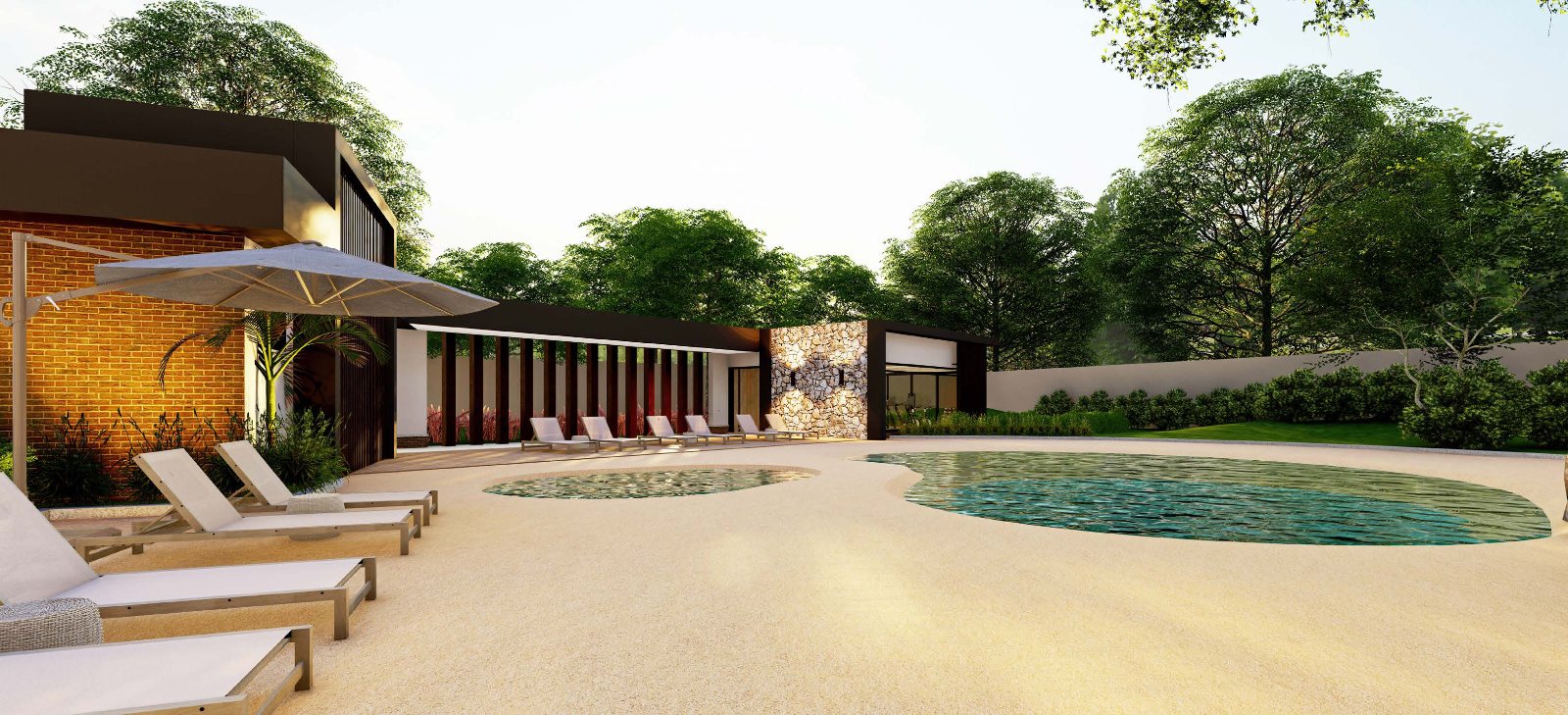 Perspectiva da área de piscina e solário