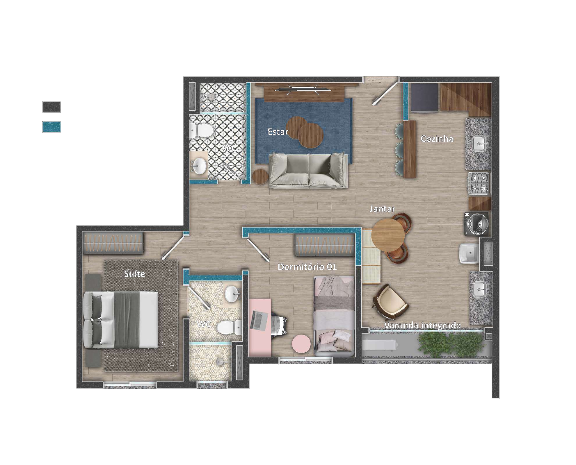 Planta humanizada do apartamento de 72m² (2 dormitórios), Jardins do Horto