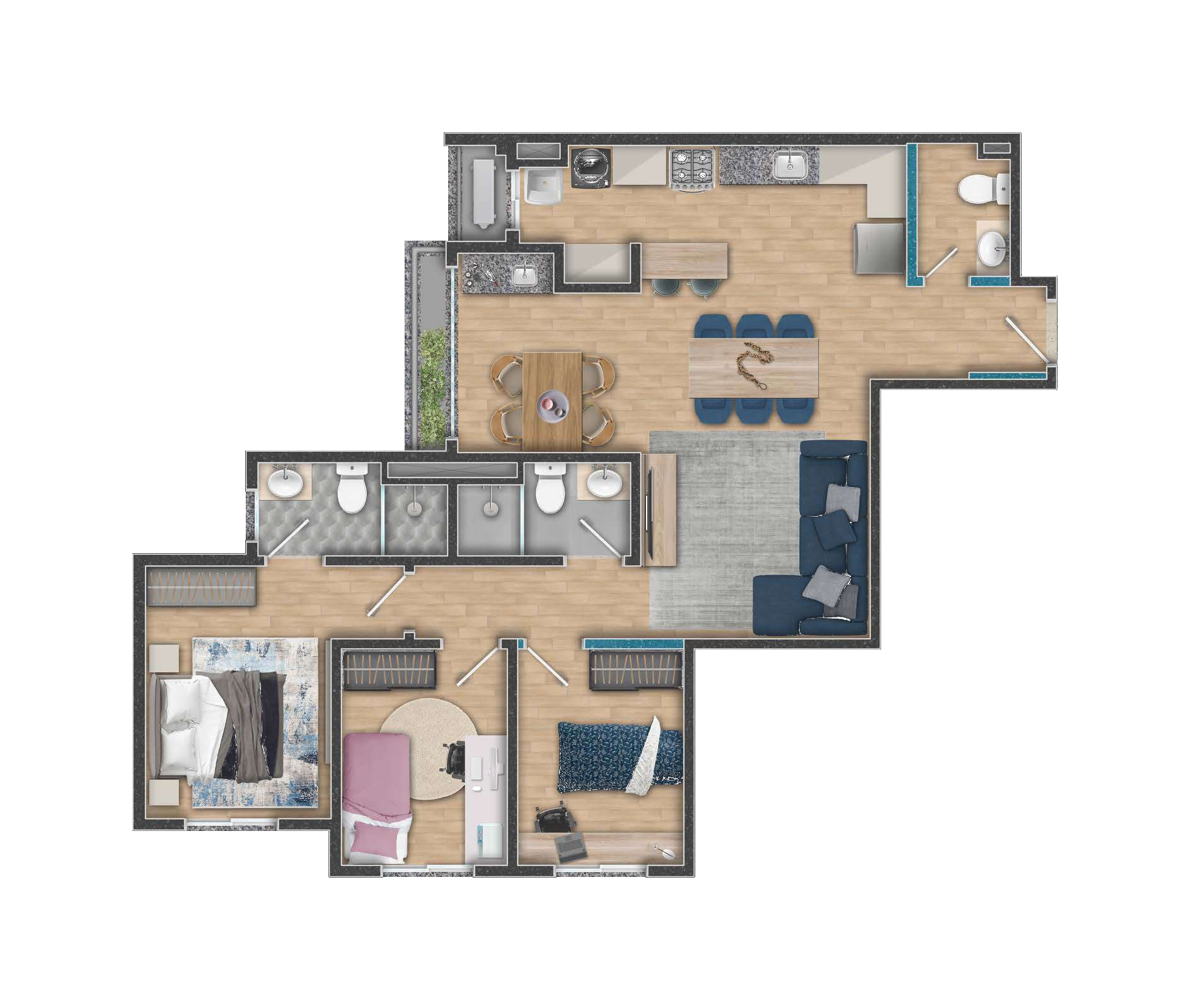 Planta humanizada do apartamento de 95m² (3 dormitórios), Jardins do Horto
