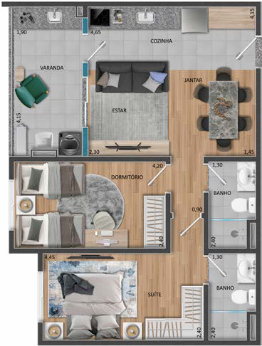 Planta 2 Dormitórios · 1 Suíte, 63,45 m²