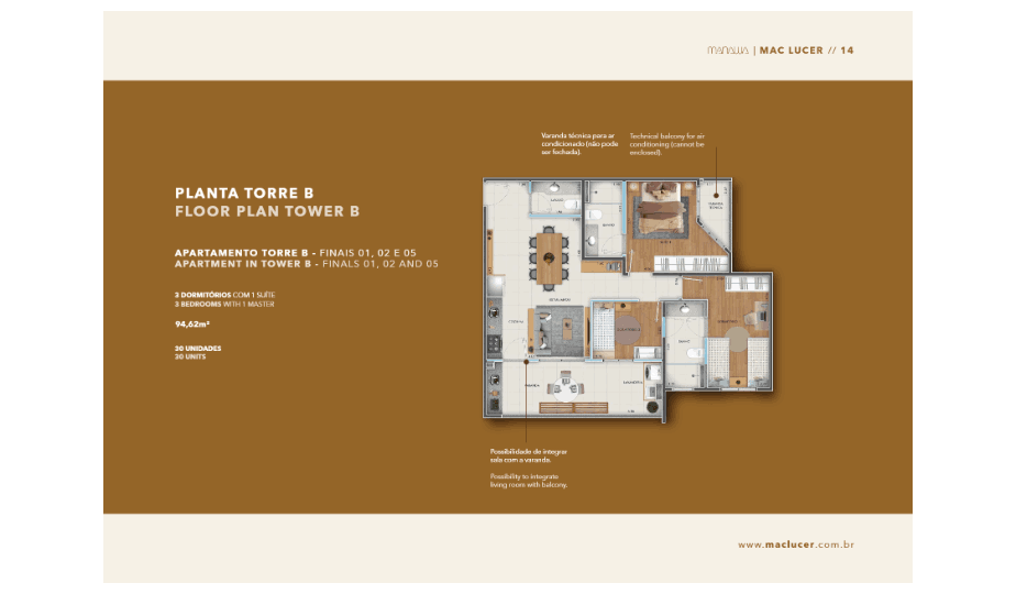 Planta 94,62 m², 3 dormitórios com suíte, Torre B, Manawa Residencial