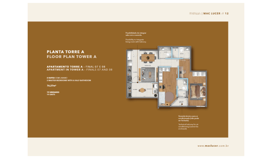 Planta 76,27 m², 2 suítes com lavabo, Torre A, Manawa Residencial