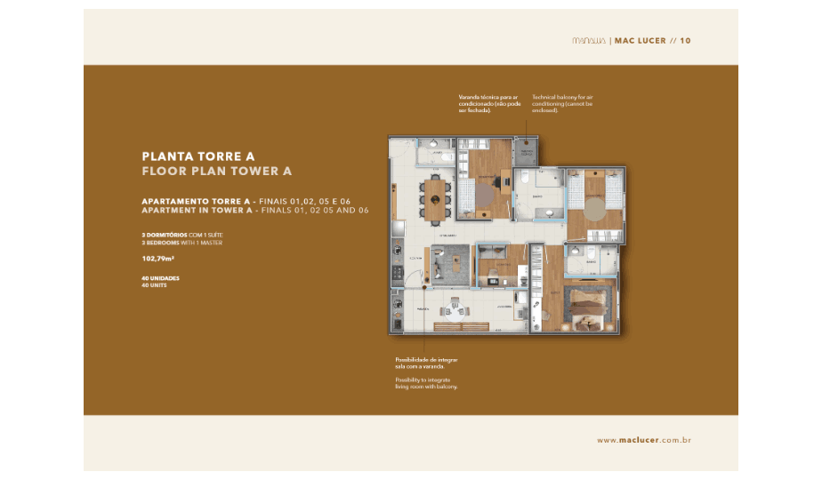 Planta 102,79 m², 3 dormitórios com suíte e escritório, Torre A, Manawa Residencial