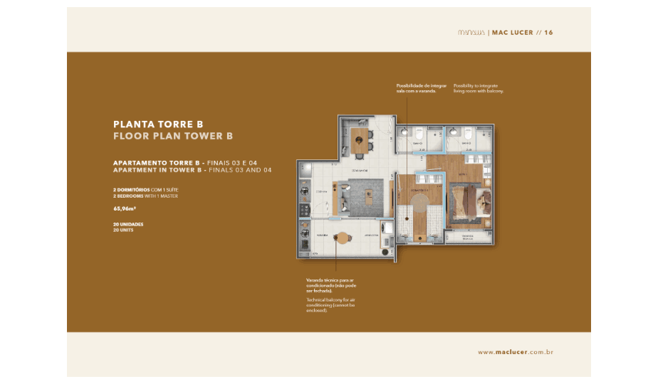 Planta 65,96 m², 2 dormitórios com suíte, Torre B, Manawa Residencial