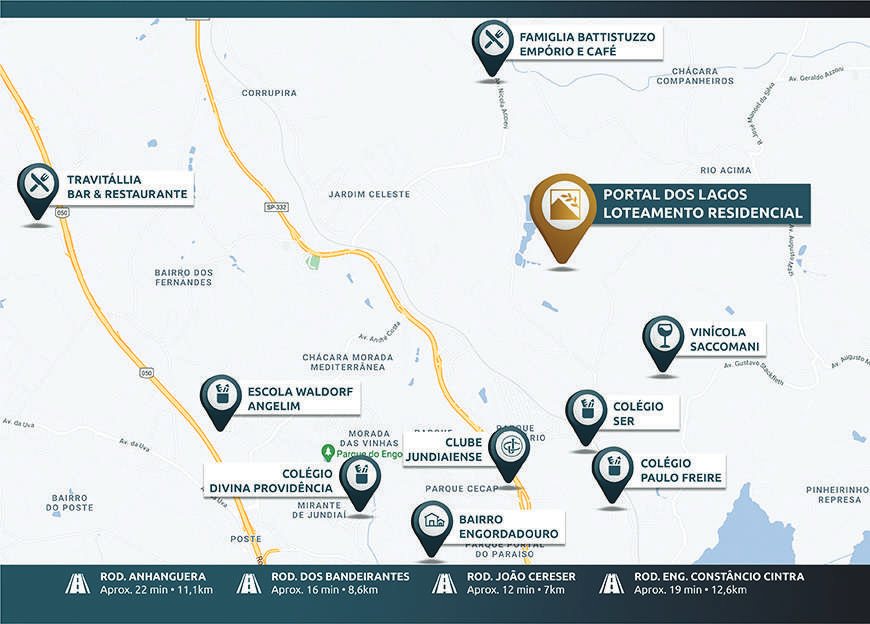 Mapa de localização do Portal dos Lagos e pontos de interesse no entorno
