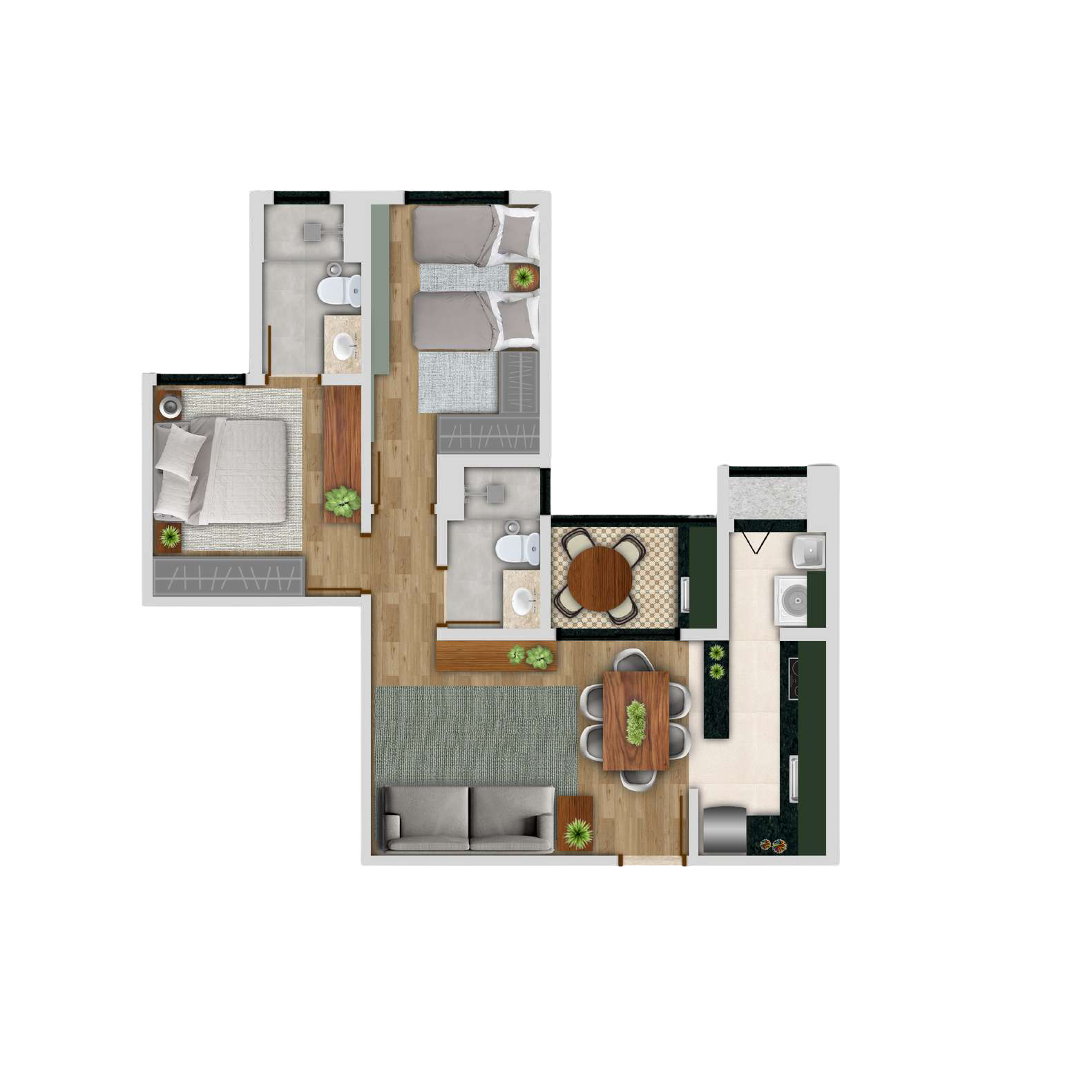 Planta humanizada do apartamento de 68 m²