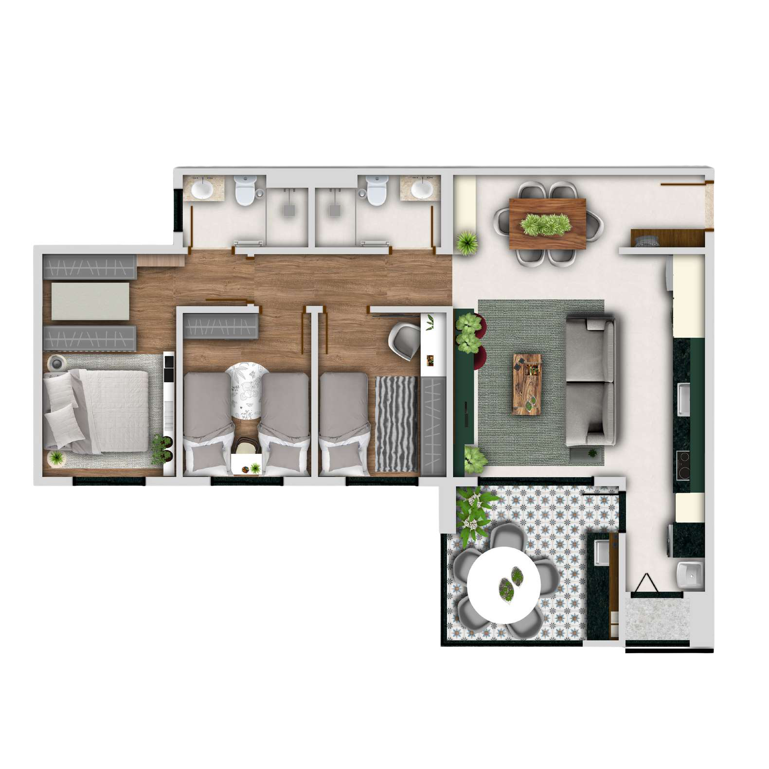 Planta humanizada do apartamento de 94 m²