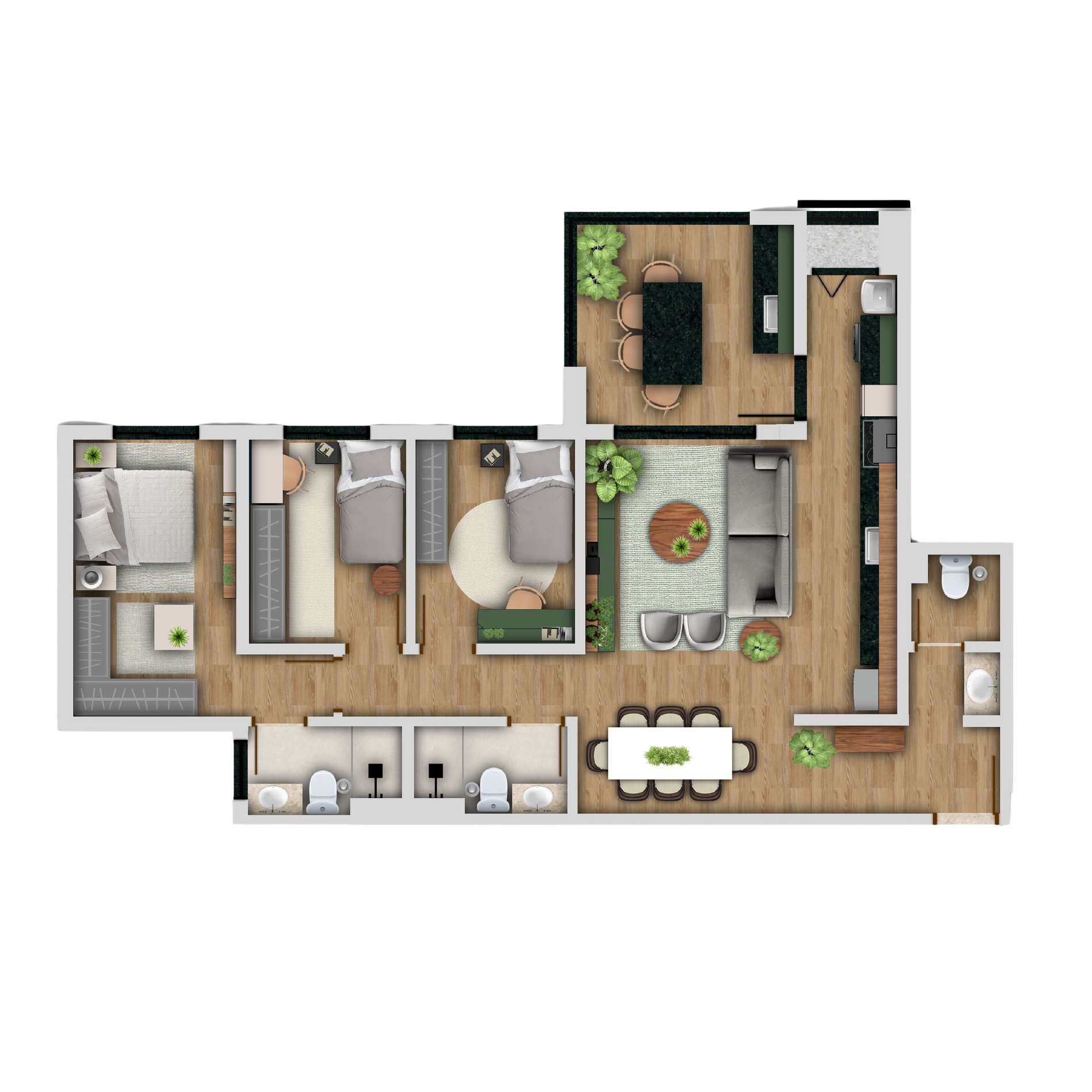 Planta humanizada do apartamento de 101 m²