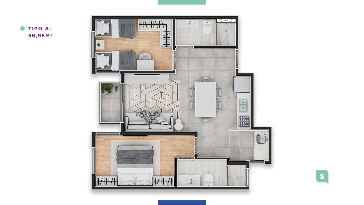 Planta Tipo A 56,96 m²