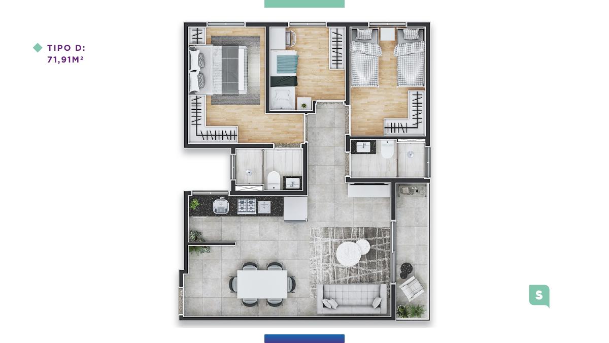Planta Tipo D 71,91 m²