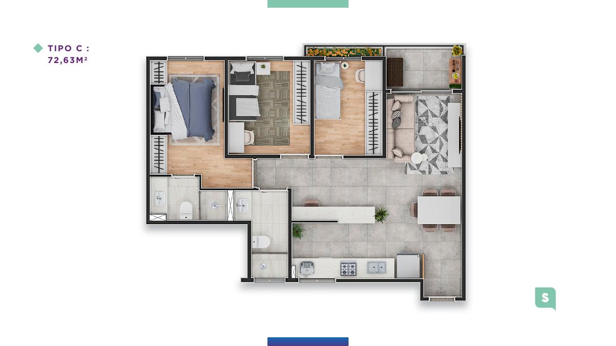 Planta Tipo C 72,63 m²