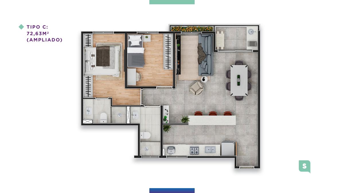 Planta Tipo C ampliado 72,63 m²