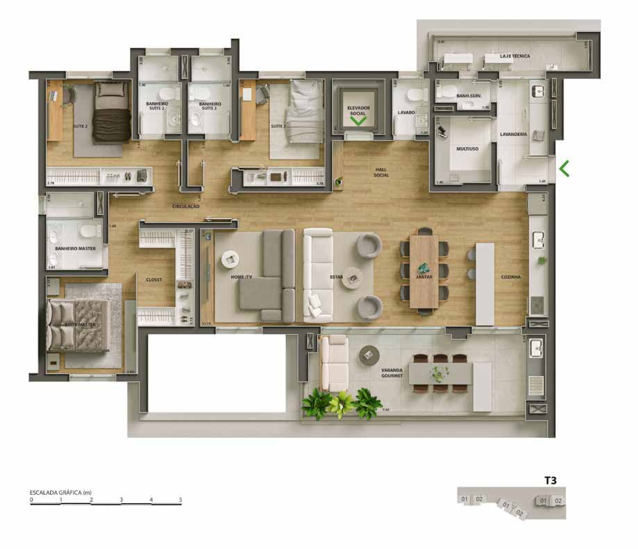 Planta da Torre 3, 173 m², opção B