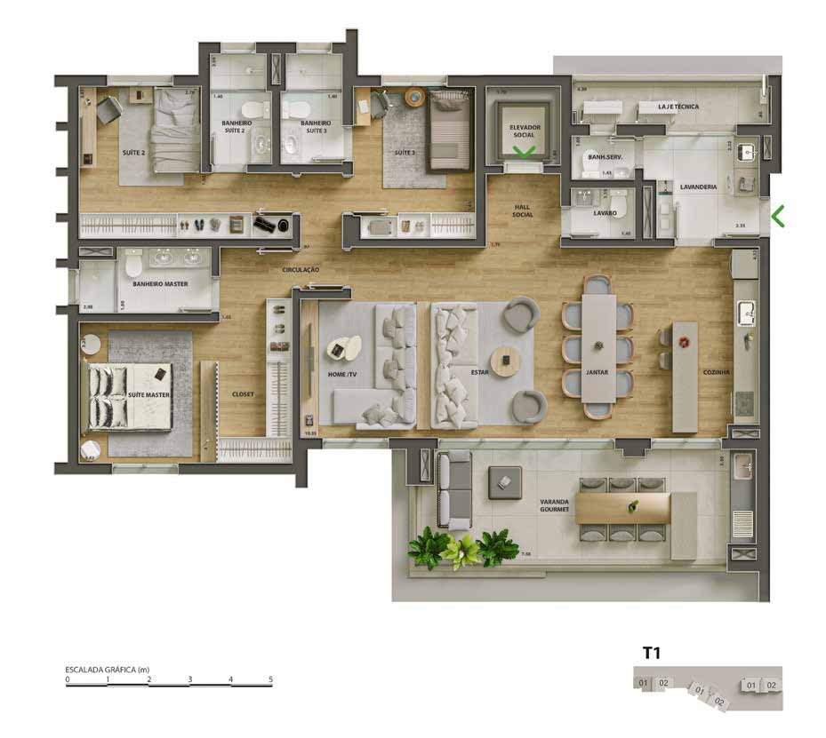 Planta da Torre 1, 157 m², opção B