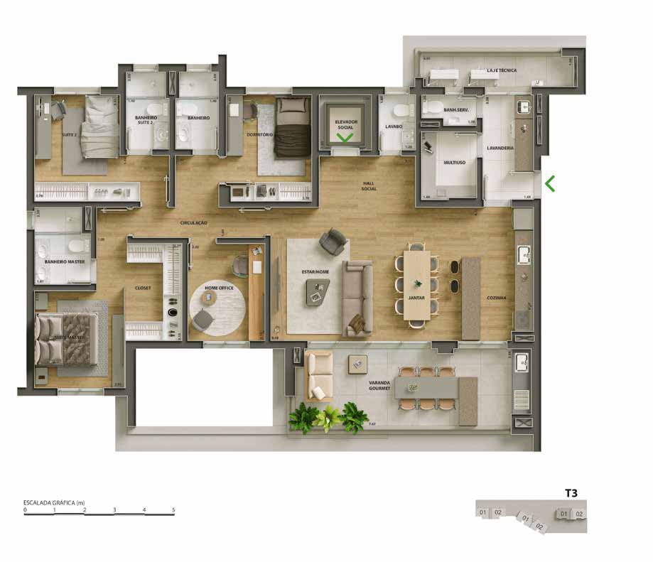 Planta da Torre 3, 173 m², opção A