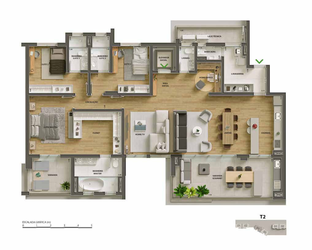 Planta da Torre 2, 203 m², opção B