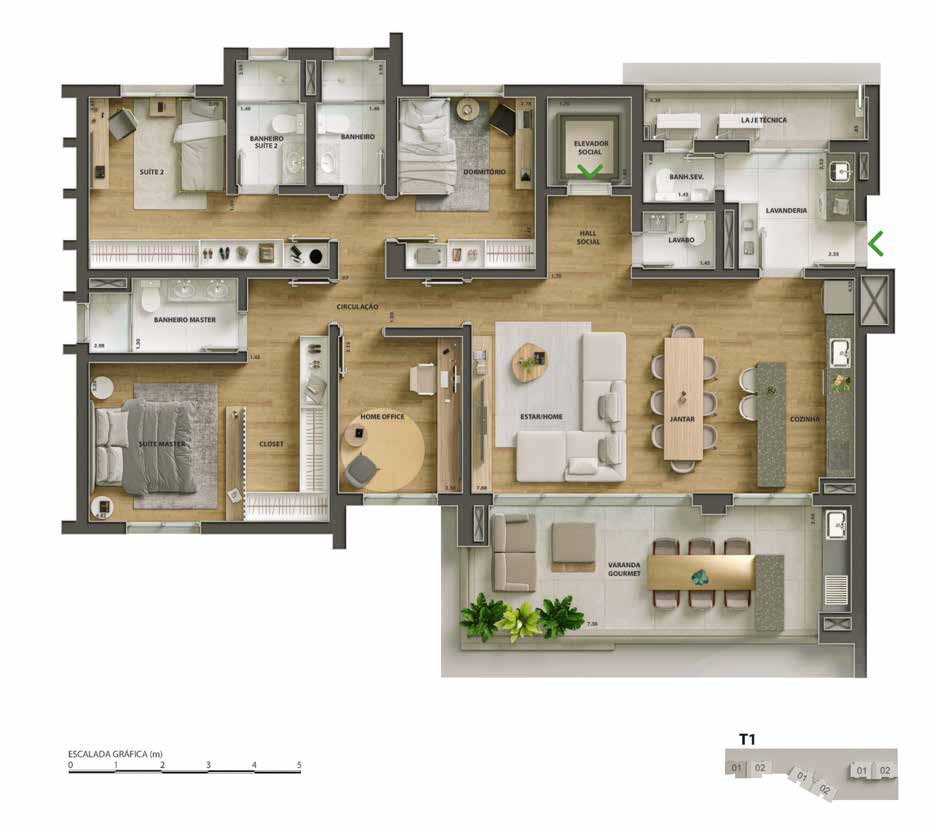 Planta da Torre 1, 157 m², opção A