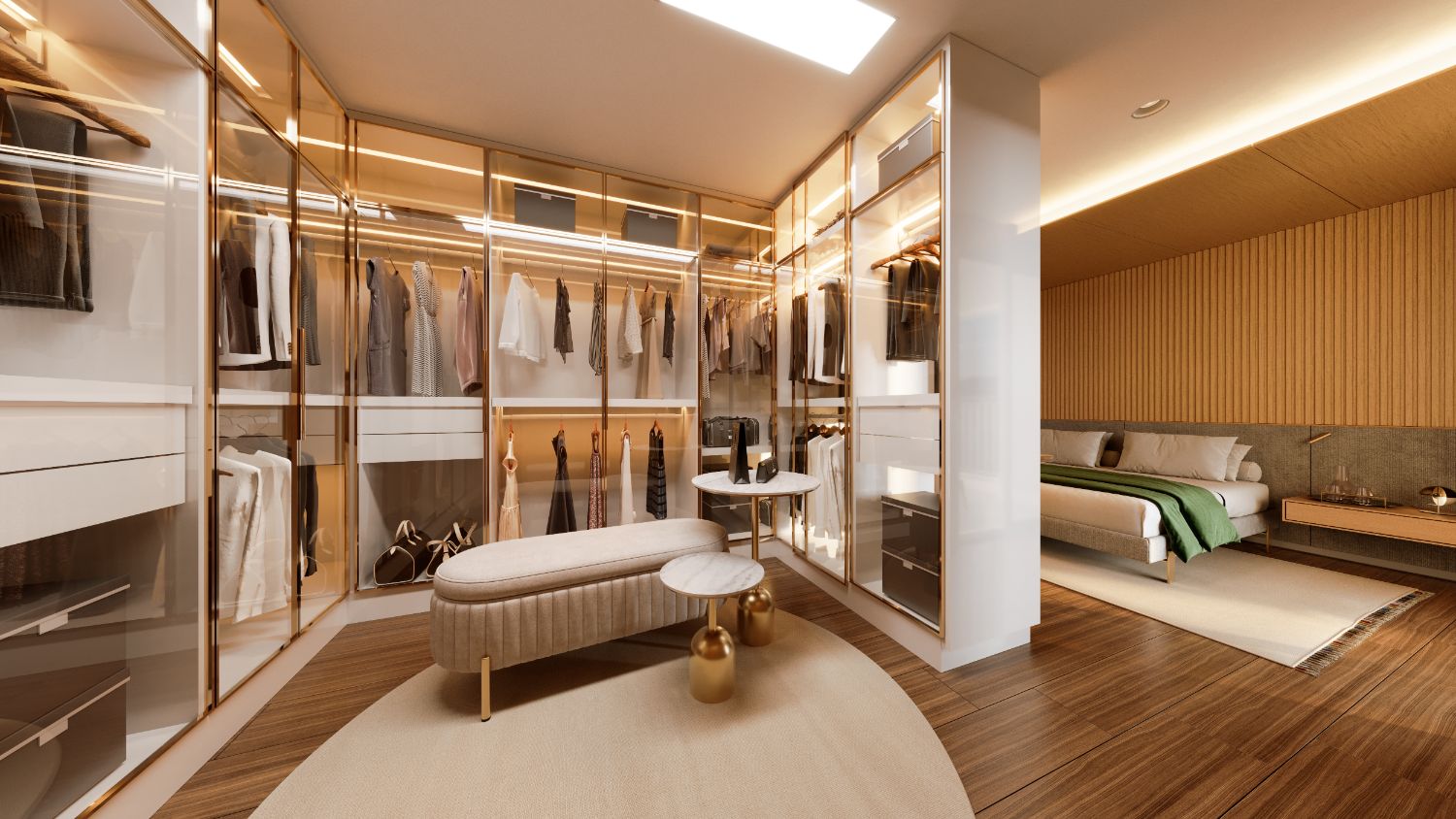 Perspectiva ilustrada da suíte com closet