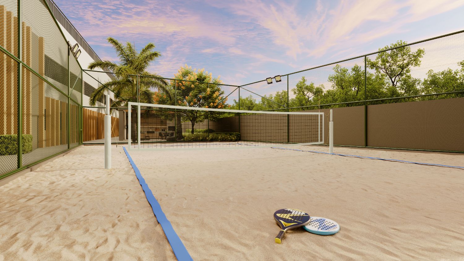 Perspectiva ilustrada da quadra de beach tennis